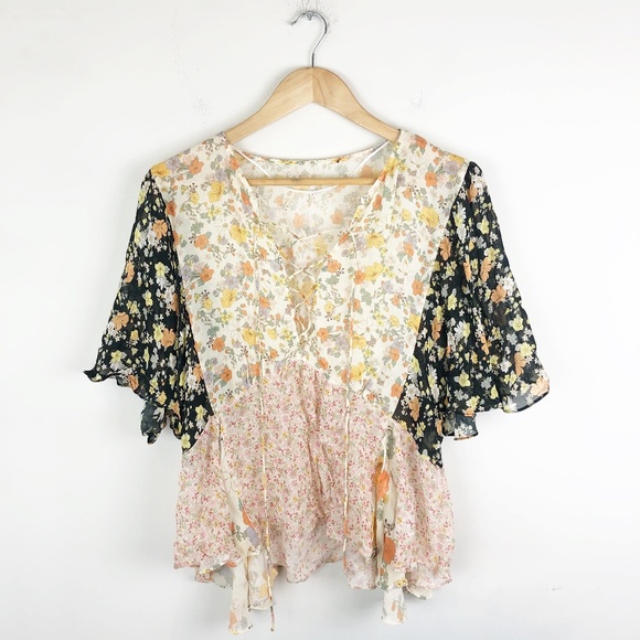 Zara Tops - Zara Floral Patchwork Flutter Sleeve Blouse